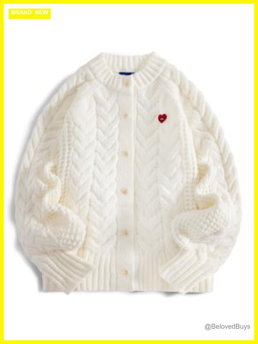 Chunky Cable Knit Cardigan Sweater Oversized Lantern Sleeve Heart Embroidery